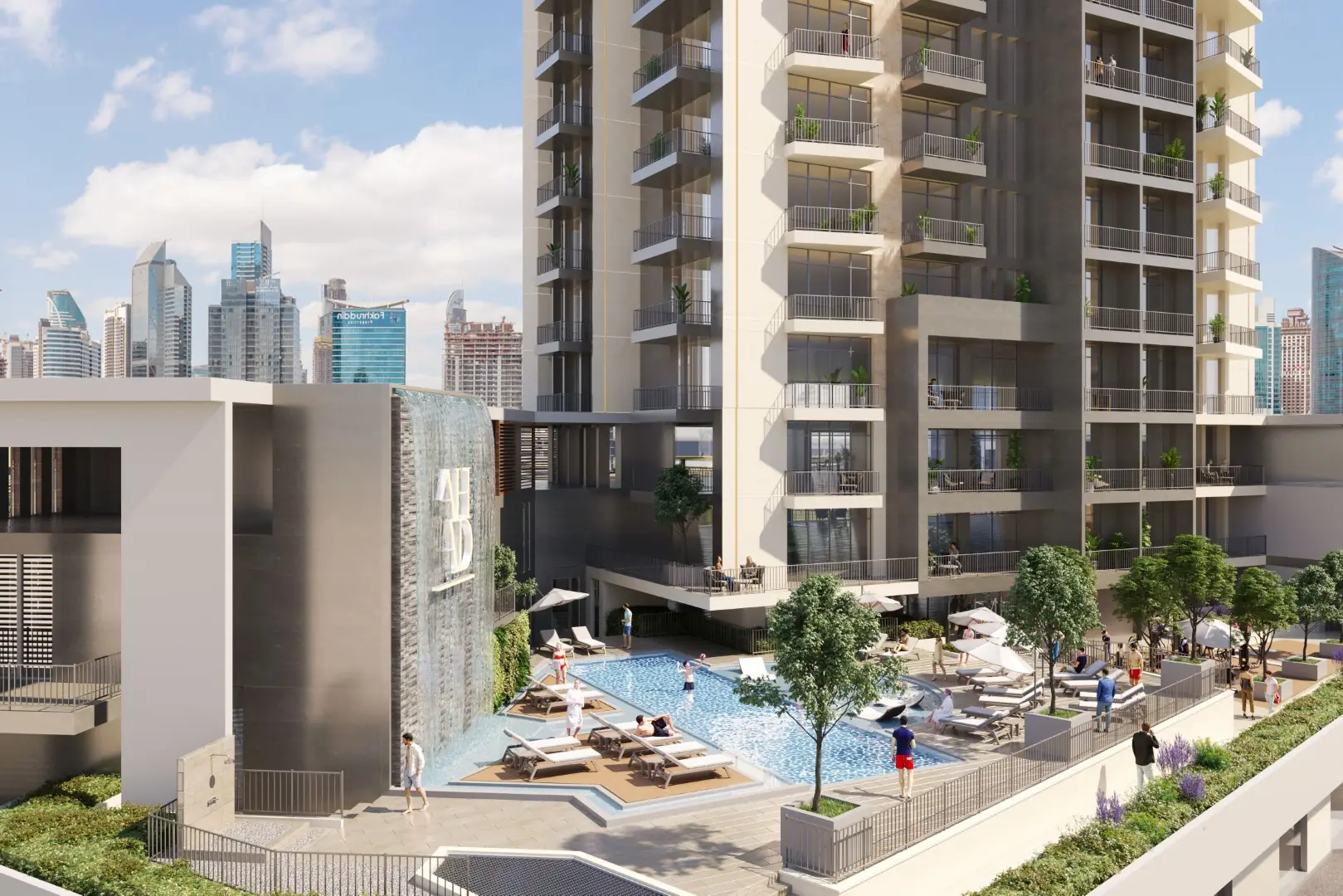 The Ahad Residences podium and pool deck among the Business Bay towers
